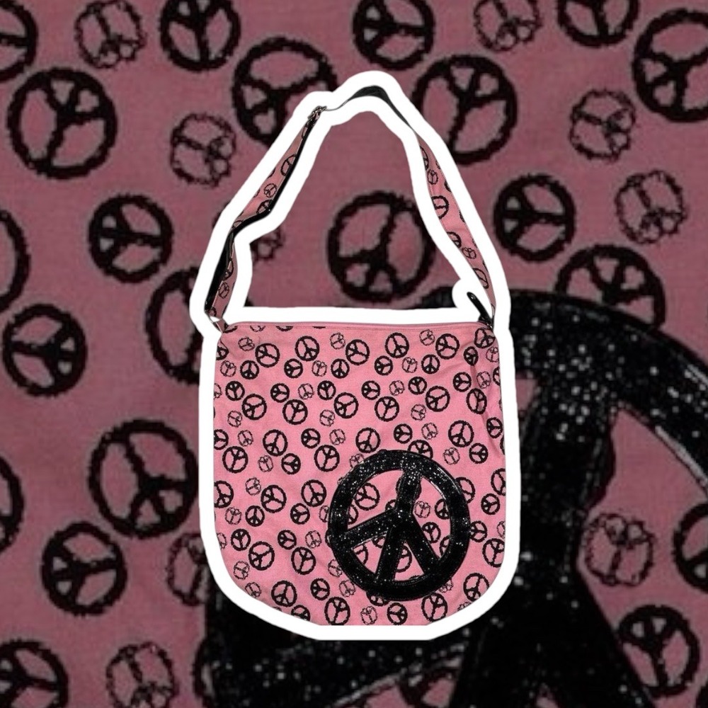 Express Pink Peace Sign Shoulder Bag Y2K Tote Glitter Graphic Logo Print Bag - Picture 1 of 5